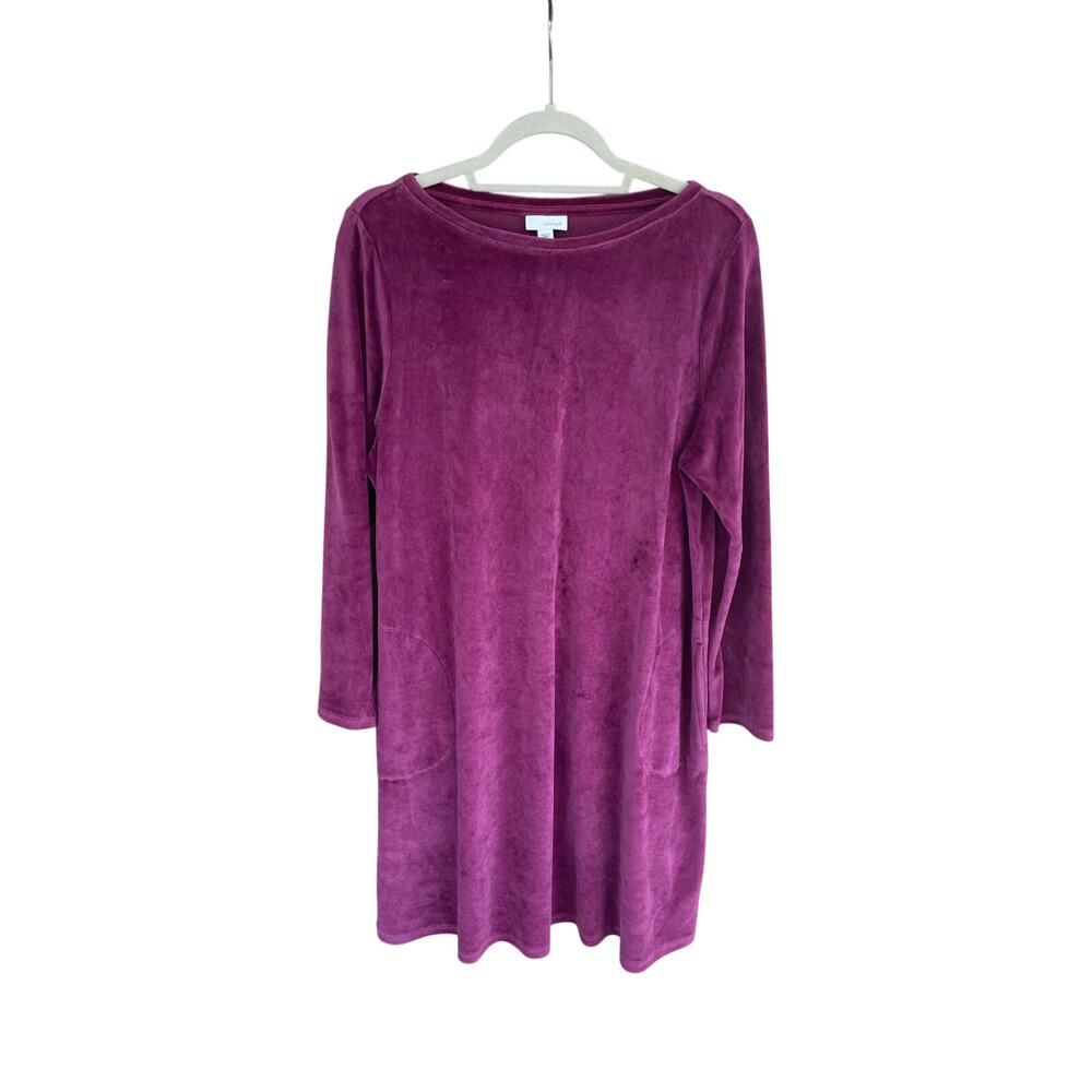 Pure J. Jill Tunic Dress Petite L Velour Purple Long Sleeve Pockets Soft Short